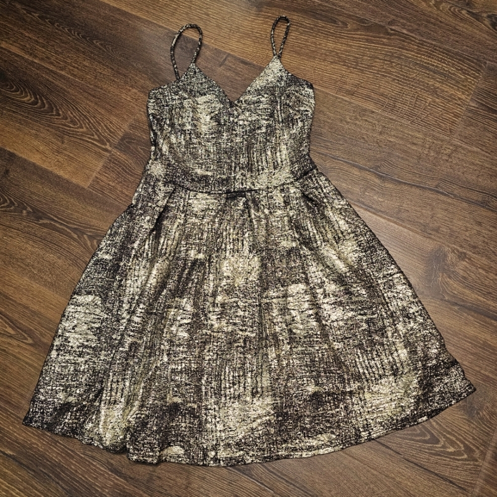 SOPRANO NWT Juniors Gold Black Metallic Fit Flare Party Dress Poly Spandex